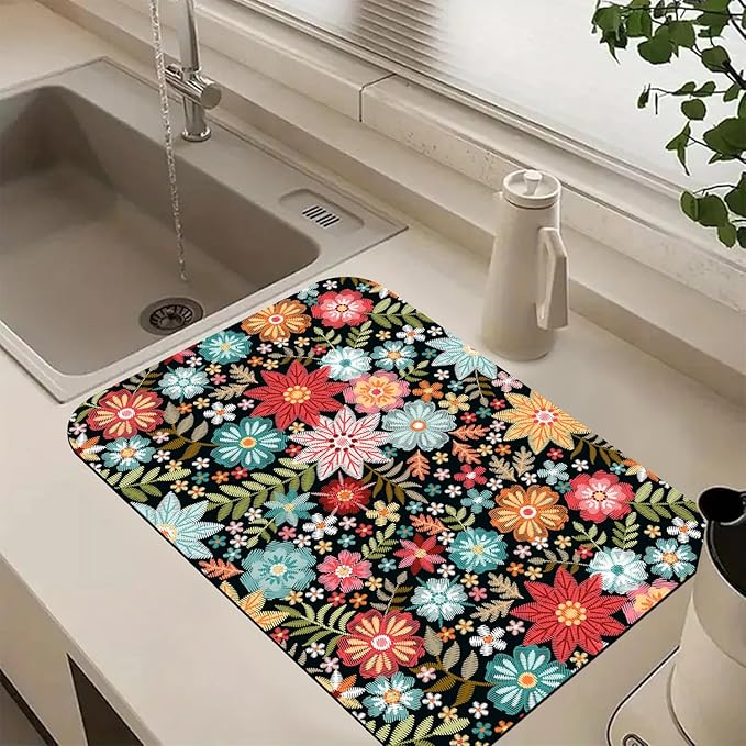 Colorful Embroidery Flowers Dish Drying Mats Super Absorbent Dish Drainer Rack Pad Non-Slip Drying Mat for Kitchen Counter, 24"x16"-NeatNest