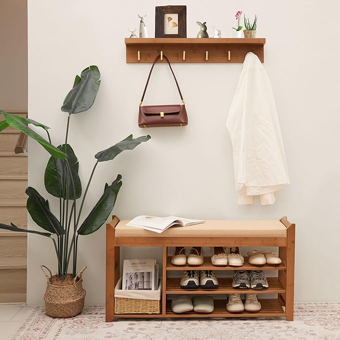 Hall Tree with Bench and Shoe Storage, Coat Rack Shoe Bench Set with Seat Cushion and 6 Hooks for Entryway, Hallway, Living Room and Bedroom-NeatNest