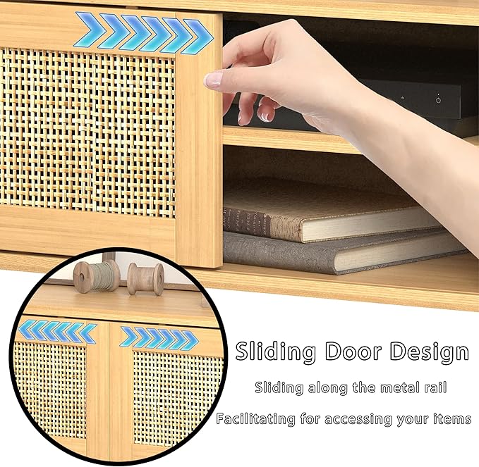 Boho TV Stand for 55 65 Inch TV, Rattan Entertainment Center with Shelves, Cabinets and Sliding Doors, TV Media Console Table with Solid Wood Feet & Cord Holes for Living Room, Bedroom, Natural-NeatNest