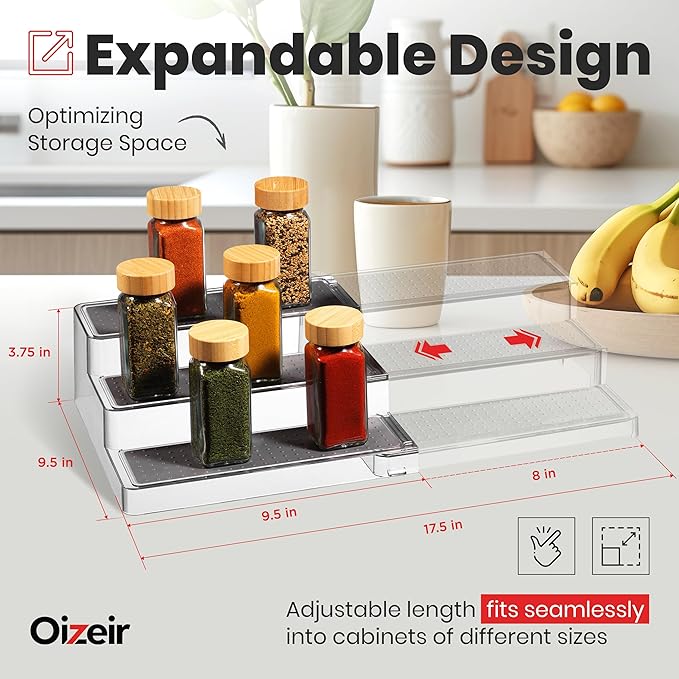 Expandable Spice Organizer Rack - 3-Tier - Clear Adjustable Tiered Shelf Spices Organization for Kitchen Cabinet and Pantry Storage-NeatNest