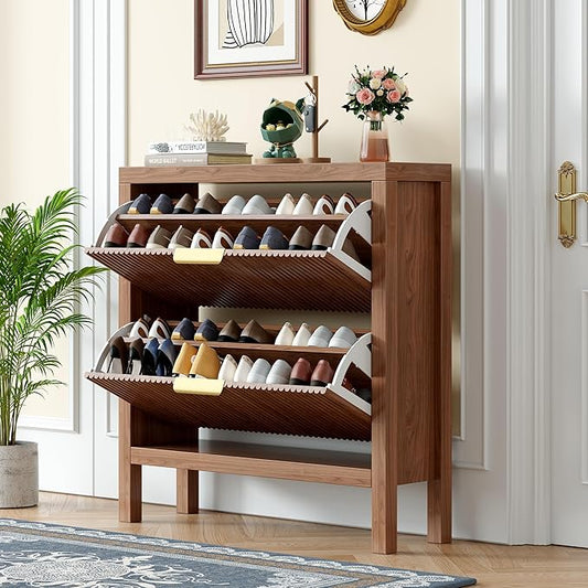 Modern Freestanding Wooden Shoe Rack Cabinet, Modern Wooden Shoe Organizer with Dual Flip-Down Drawers, Slim Freestanding Shoe Cabinet for Entryway, Hallway, Closet, Living Room, Walnut