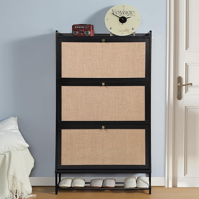 LEVNARY Shoe Storage Cabinet with 3 Flip Drawers, Freestanding Shoe Cabinet Storage Organizer for Entryway, Wooden Narrow Shoe Racks Cabinet with Metal Legs for Hallway (Black)-NeatNest