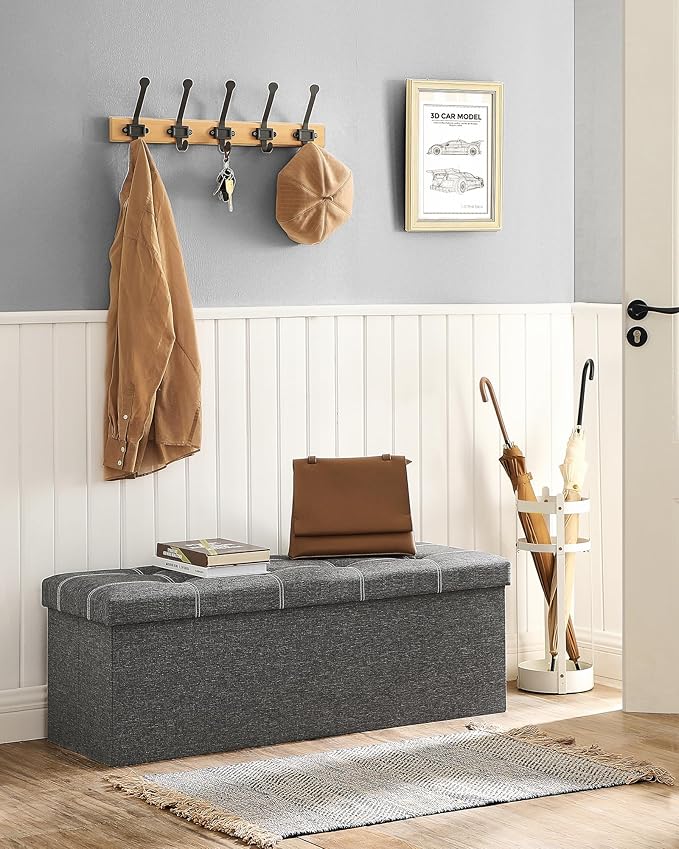 SONGMICS Mazie Collection - 43 Inches Ottoman Storage Bench, 35 Gal. Folding Chest with Breathable Linen-Look Fabric, Load up to 660 lb, for Entryway, Living Room, Bedroom, Dark Gray ULSF077G04-NeatNest
