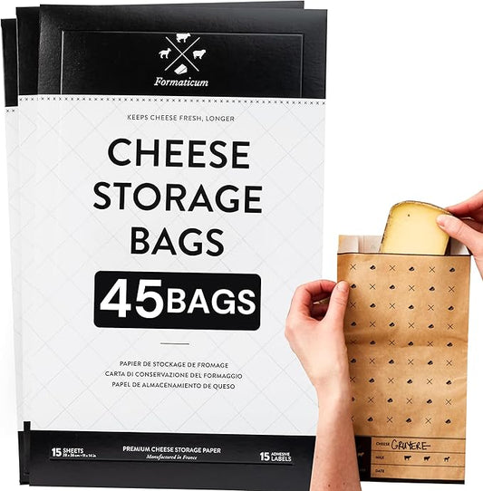 Formaticum - 45-Pack Cheese Storage Bags - 6.25 x 11 Wax Paper Bags to Keep Cheese or Charcuterie Fresh - Professional Grade Cheese Paper for Wrapping Cheese - Porous Brown Paper Bags From France