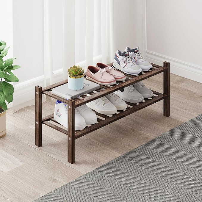 Bamboo Shoe Rack Organizer for Closet and Entryway - Space-Saving Narrow Shoe Stand - Versatile Shoe Holder for Door or Closet Shelf,Garage Bedroom can Freely Stack DIY Small Shoe Racks 2Tier Brown-NeatNest