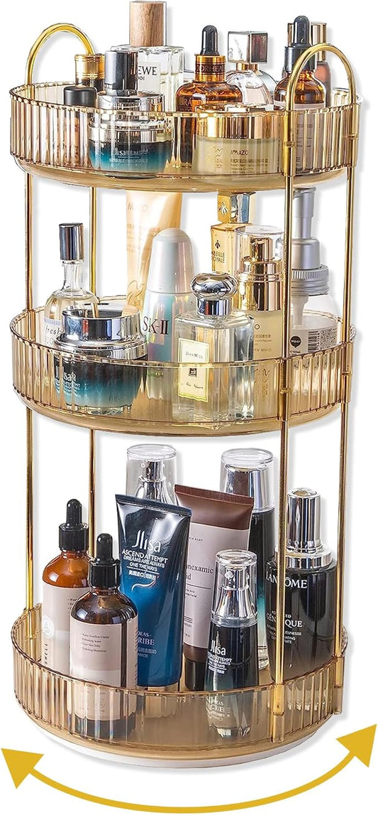360 Rotating Makeup Organizer for Vanity,3 Tier Large Capacity Vanity Storage,Skincare Perfume Spinning Organizer,Bathroom Cosmetics Storage Makeup Stand Organizer (Gold-3 Tier)-NeatNest