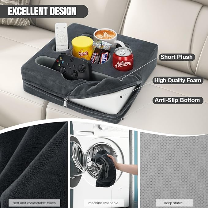 STBoo Couch Cup Holder Pillow - Sofa Drink Cup Holder Cozy Buddy | Bed Caddy Organizer Holds Remote, Snacks, Phones, Tablet | Waterproof Anti-Spill Sofa Beverage Tray for Car, Beach, RV, Boat (Grey)-NeatNest