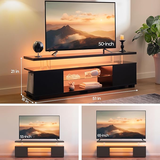 Black TV Stand 65 inch,LED TV Stand for Living Room,Glass Entertainment Center TV Stand, TV Console Tables for Living Room,Bedroom,Home Office-NeatNest