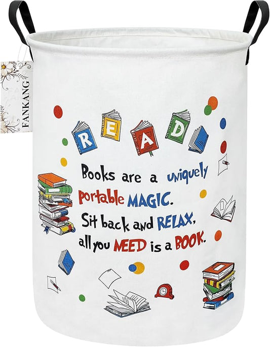 FANKANG Storage Basket, Nursery Hamper Canvas Laundry Basket Foldable with Waterproof PE Coating Large Storage Baskets for Kids Boys and Girls, Office, Bedroom, Clothes,Toys(Reading)