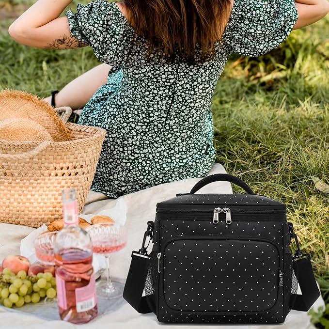 FlowFly Insulated Reusable Lunch Bag Adult Large Lunch Box for Women and Men with Adjustable Shoulder Strap,Front Zipper Pocket and Dual Large Mesh Side Pockets,Dot-NeatNest