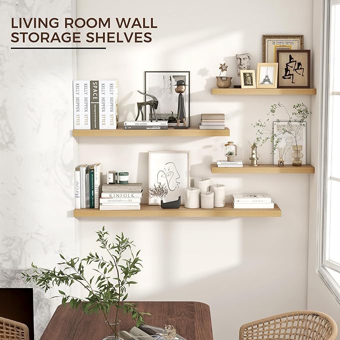 Floating Shelves for Wall, 36"W x 7.8"D x 1.5"H, 2 Pack of Long Wall Mounted Engineered Wood Shelves with Invisible Brackets for Living Room, Bedroom, Bathroom, Kitchen Decor and Storage, Oak-NeatNest