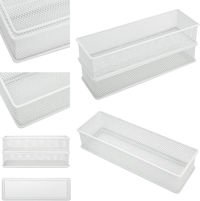 Annova Mesh Stackable Drawer Cabinet and Shelf Organizer Bins Storage Basket School Office Supply Holder Tray- Set of 2 (White, 3x9x2 Inch)-NeatNest