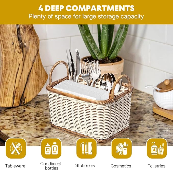Cabilock Wicker Flatware Organizer, Cutlery Holder for Countertop, Woven Cutlery Storage with Handles, 4 Compartments Utensil Tableware Basket-NeatNest