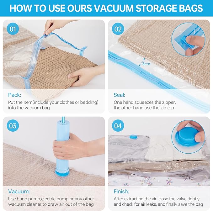AKLL7S Vacuum Storage Bags, 10 Pack Space Saver Bags (2 Jumbo/4 Large/4 Medium) Vacuum Seal Bags for Clothing, Comforters, Blankets, Travel(Hand Pump Included)-NeatNest
