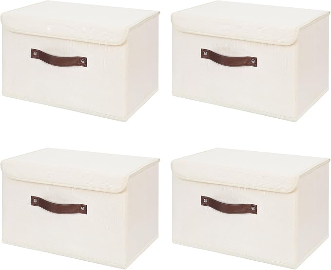ANMINY 4PCS Storage Bins with Lid PU Leather Handles Storage Boxes PP Plastic Board Decorative Foldable Lidded Cotton Linen Fabric Home Cubes Baskets Closet Organizer Containers - Beige, Large Size-NeatNest