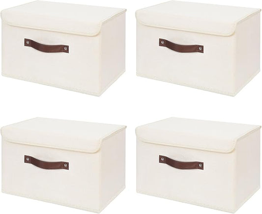 ANMINY 4PCS Storage Bins with Lid PU Leather Handles Storage Boxes PP Plastic Board Decorative Foldable Lidded Cotton Linen Fabric Home Cubes Baskets Closet Organizer Containers - Beige, Large Size-NeatNest