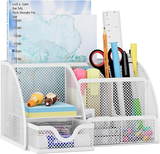 EasyPAG Mesh Desk Organizer, Multi-functional Stationery Organizer for School Supplies, Office Pen Holder for Desk, 6 Compartments Dorm Organization with Drawer, White