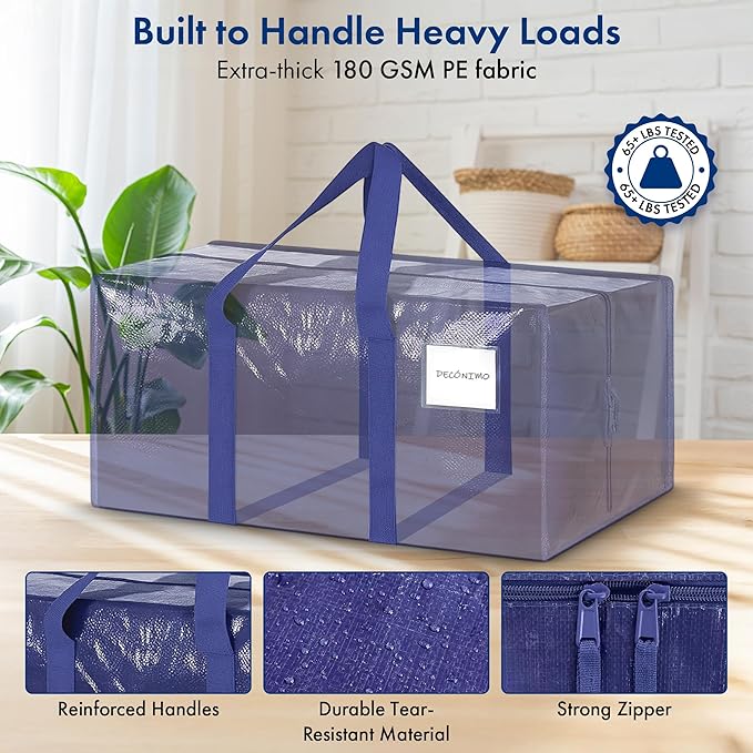 Extra Heavy Duty Large Moving Bags with Strong Zipper & Comfortable Handles - Sturdy & Durable Clothes Storage Bags Totes Bins - Large Storage Totes for Dorm, Space Saving 6 Packs (Dark Blue)