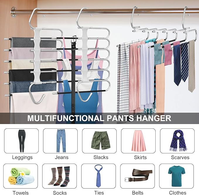 Upgrade 6 Layers Pants Hangers Space Saving, 2Pack Stainless Steel Multifunctional Rack Non Slip S-Type Clothes Jean Hanger Closet Organizer for Jeans Leggings Trousers Skirts Scarf, White-NeatNest