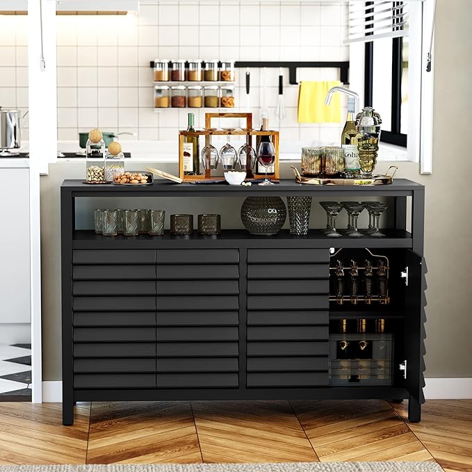 HLR Bathroom Floor Storage Cabinet, Farmhouse Sideboard with Decorative Louvered Doors, Bathroom Storage Unit with 4 Doors & Shelves, Freestanding Credenza for Dining Room, Living Room, Hallway, Black-NeatNest