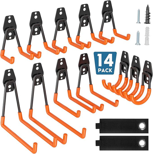 BONTEC Heavy Duty Garage Hooks, Anti-Slip Coated Black Steel with Strong Load Capacity, Multi-Sized U and J Hooks, Easy Wall Mount for Garage, Garden, Workshop (Orange, 14 Pack)-NeatNest