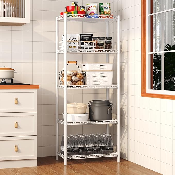 HOMEFORT 5-Tier Wire Shelving 5 Shelves Unit Metal Storage Rack Durable Organizer Perfect for Pantry Closet Kitchen Laundry Organization in White,21”Wx14”Dx61”H