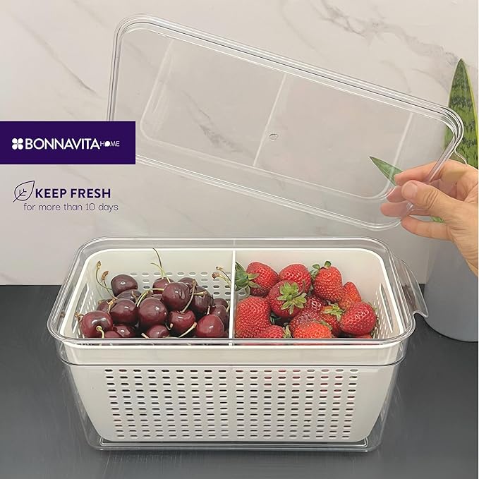 Clear Stackable Storage Containers with Lids BPA-Free Organizer Bins for Refrigerator Pantry Fridge Drawer with Colander and Dividers for Kitchen Food Preservation and Home Organization BPA Free-NeatNest