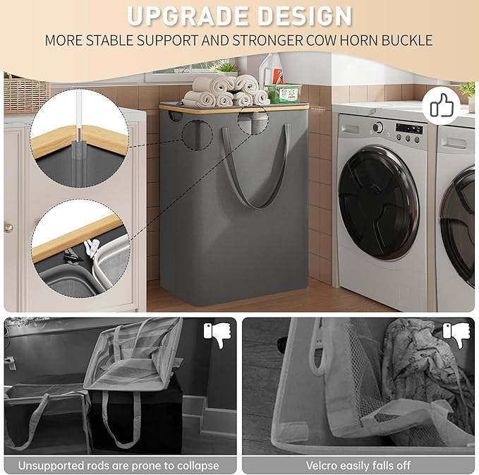 160L Double Laundry Hamper with Lid 2 Section, Large Bamboo Laundry Basket with 2 Removable Bags, Clothes Hampers for Laundry for Bedroom, Bathroom, Dorm, Laundry Room, Grey-NeatNest