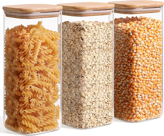 ComSaf 1.9 Qt Glass Storage Containers with Lids, Glass Jars with Lids, Clear Food Storage Jar, Square Canister Set of 3, Pantry Organizers and Storage for Flour Rice Pasta Tea Coffee Bean-NeatNest