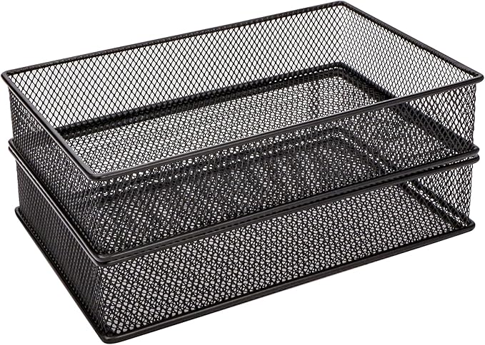 Annova Mesh Stackable Drawer Cabinet and Shelf Organizer Bins Storage Basket School Office Supply Holder Tray- Set of 2 (Black, 6x9x2 Inch)-NeatNest