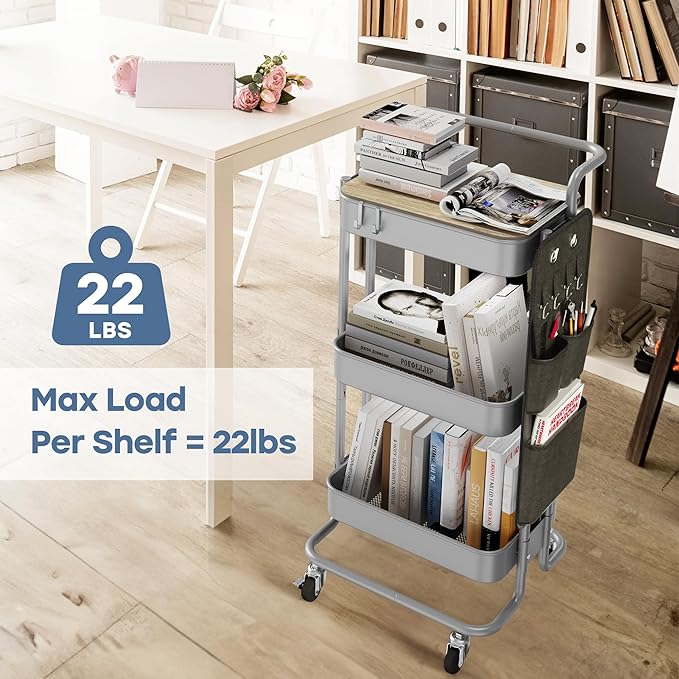 DTK 3 Tier Metal Utility Rolling Cart with Table Top and Side Bags, Tray Storage Organizer Wheels, Art Craft 4 Hooks for Kitchen Bathroom Office Living Room(Grey)-NeatNest