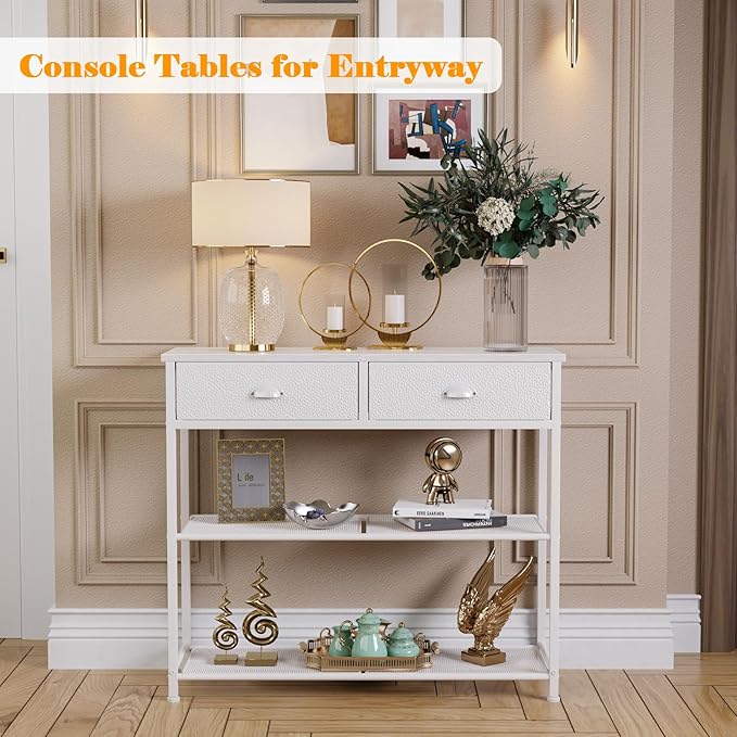 Furologee 30'' Entryway Table, White Console Table with Storage, Narrow Sofa Table with 2 Drawers and 2 Shelves for Hallway, Living Room, Bedroom, Foyer, Couch, Tv-NeatNest