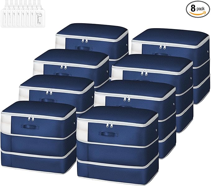 Comforter Storage Bag - Large Capacity Blanket Storage Bags 3-Layer Ultra Space Saving Self Compression Organizer, Washable Compression Bags for Storage Comforter Blanket, 8-Pack, Navy Blue-NeatNest