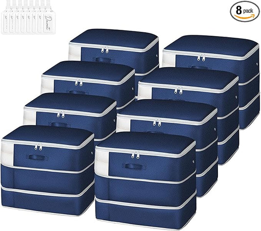 Comforter Storage Bag - Large Capacity Blanket Storage Bags 3-Layer Ultra Space Saving Self Compression Organizer, Washable Compression Bags for Storage Comforter Blanket, 8-Pack, Navy Blue-NeatNest