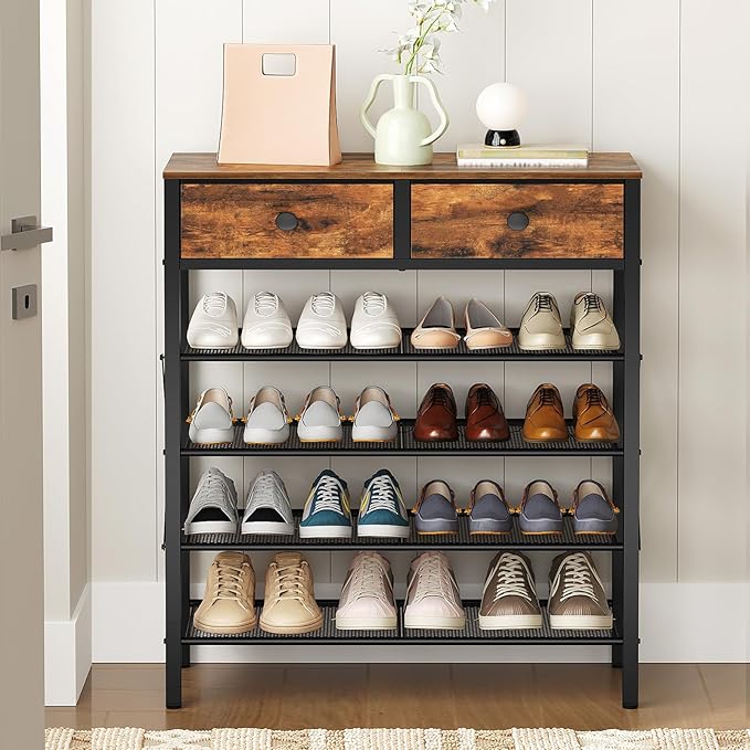 5 Tier Shoe Rack, Large Capacity Shoe Storage Organizer, Metal Shoe Shelf with Drawer and Wooden Top, for 20 Pairs of Shoes, for Entryway, Closet, Rustic Brown and Black SS25BRY1N1-NeatNest