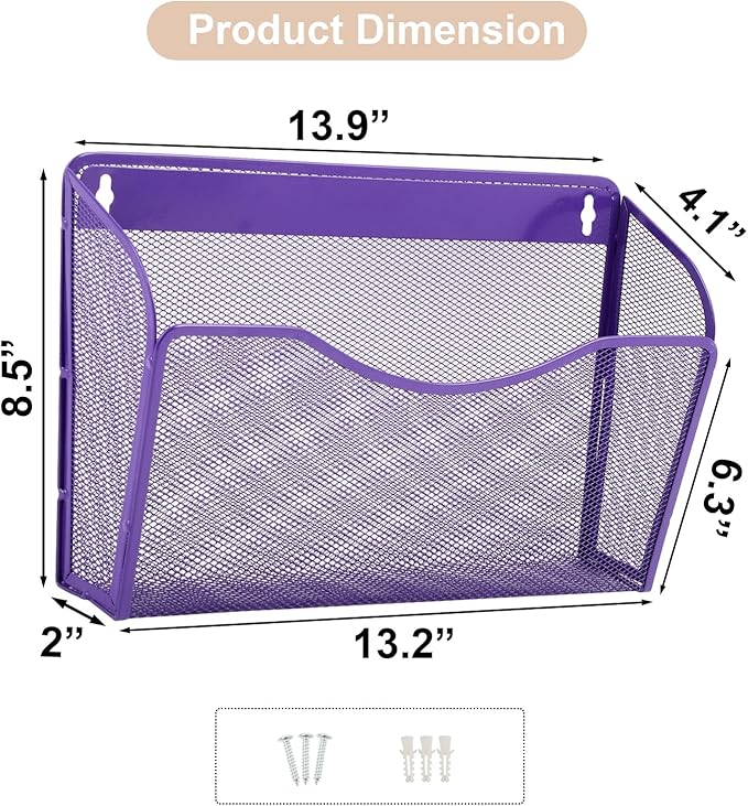 EASEPRES 3 Single Pocket Mesh Hanging File Organizer, Vertical Wall Mounted Magazine File Holder, Mount Basket Mail Paper Document Folder Organizing for Office, Home and School, Purple