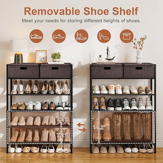 Shoe Rack, 5 Tier Shoe Storage Organizer with 2 Hand Woven Drawers, Metal Shoe Shelf for 16-20 Pairs of Shoes, with 4 Fabric Shelves and Woven Top, Shoe Stand for Closet Entryway, Dark Brown-NeatNest