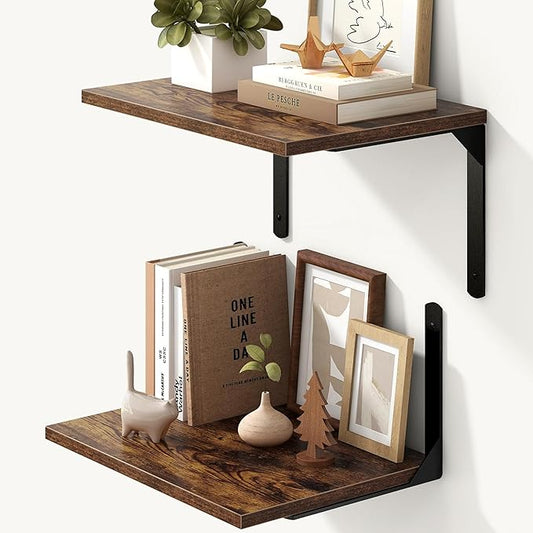 Fun Memories Rustic Brown 12 Inch Deep Floating Shelves Set of 2, Wall Mounted Shelf with Metal Brackets, Rustic Wood Wall Shelf for Bathroom, Kitchen and Living Room-NeatNest
