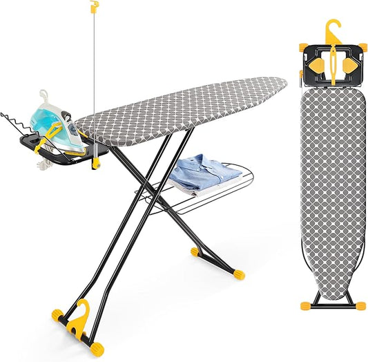APEXCHASER Ironing Board, Foldable Iron Board with Iron Rest, Metal Panel Ironing Board, Adjustable Height Heavy Duty Irons Board with Germent Rack, Heat & Scorch Resistant Cover, 13x43 Yellow