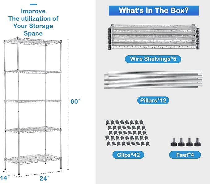 5-Tier Metal Wire Shelving Unit Snack Shelf Storage Rack NSF Certified Storage Shelves 750 Lbs Capacity Standing Utility Shelf for Laundry Kitchen Pantry Garage Organization