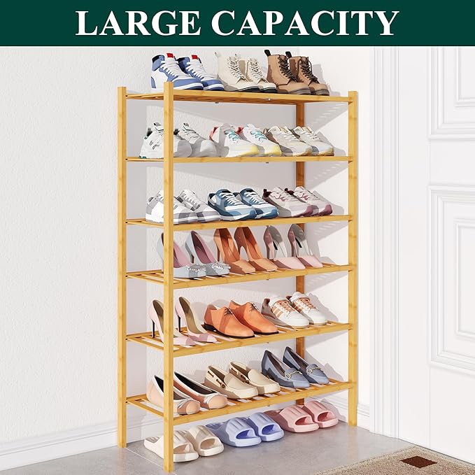 Smiry Bamboo Shoe Rack for Closet, 6 Tier Wooden Stackable Shoe Organizer, Free Standing Shoes Storage Shelf for Entryway, Front Door Entrance, Natural-NeatNest