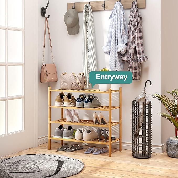 4-Tier Bamboo Shoe Rack for Entryway, Stackable | Foldable | Natural, Shoe Organizer for Hallway Closet, Free Standing Shoe Racks for Indoor Outdoor-NeatNest
