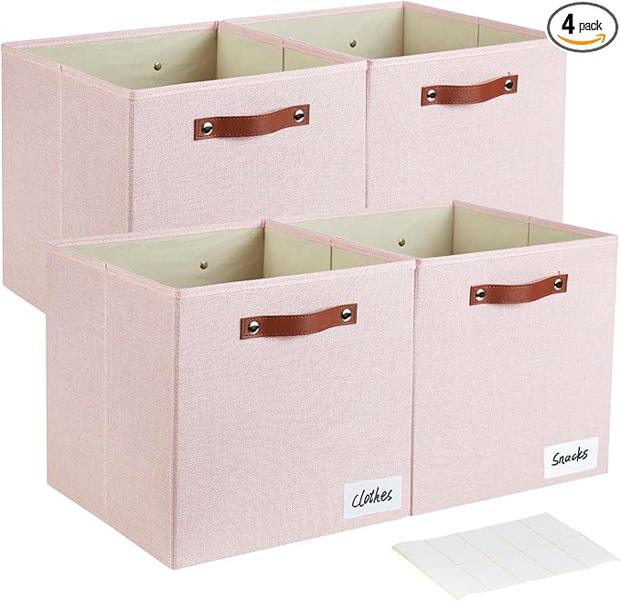 Collapsible Fabric Storage Cube Bins with 2 Reinforced PU Handles, Foldable Storage Organizer Baskets for Closet, Shelves, Living Room | 13"x13"x13", 4 Pack, Full Pink-NeatNest