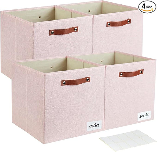 Collapsible Fabric Storage Cube Bins with 2 Reinforced PU Handles, Foldable Storage Organizer Baskets for Closet, Shelves, Living Room | 13"x13"x13", 4 Pack, Full Pink-NeatNest