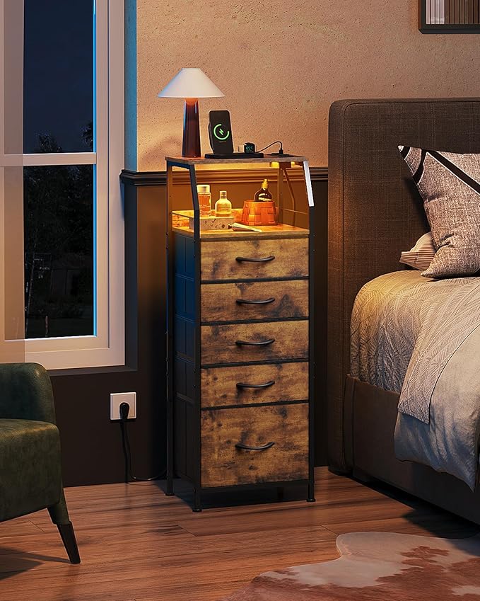 WLIVE LED Nightstand with Charging Station, Fabric Dresser with 5 Drawers for Bedroom, Tall Night Stand with Open Shelves, Bed Side Tables Living Room, Rustic Brown