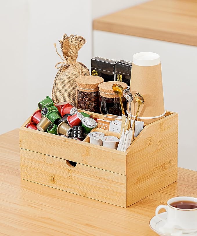 Coffee Bar Organizer Countertop with Drawer, Cafe Station Storage for Bar Accessories,Bamboo Espresso Bar Decor Holder for Bar Decor,Bamboo-NeatNest
