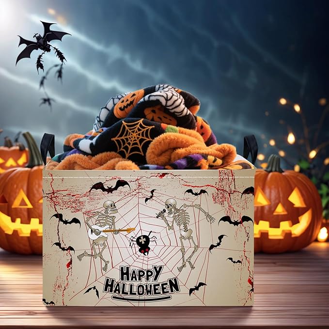 Halloween Basket Gift Terror Ghost Parties Decor Kid Trick or Treat Basket for Boys and Girls Rectangular Storage Bin Box (Skeleton Bat)-NeatNest