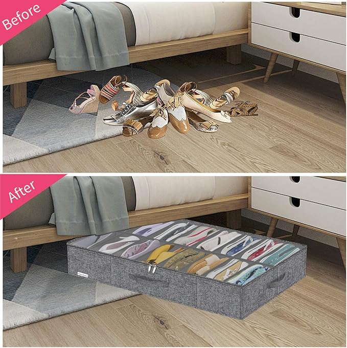 Heavy Duty Shoe Storage Boxes Fit 16x2 Pairs, Foldable Shoe Organizer for Closet Underbed, Space Saving Sneaker Container Bin Holder, 37.8"x23.6"x5.9", Cotton-like Grey, ZMXGUBS16P2-NeatNest