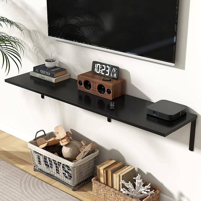 Fun Memories Floating Shelves for Wall, 12 Inch Deep Floating Shelves Set of 2, Wall Mounted Shelf with Metal Brackets, Rustic Wood Wide Shelf for Bathroom, Kitchen and Living Room, Black, 55W x 12D-NeatNest