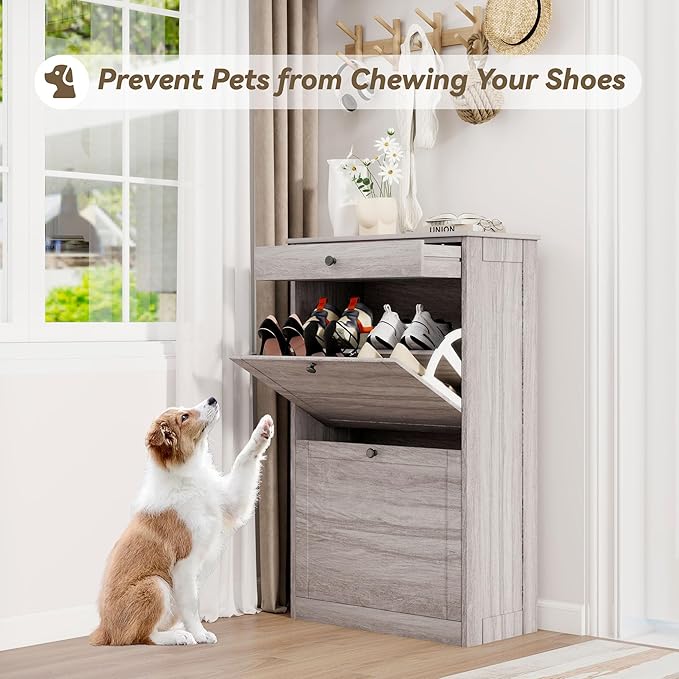 Shoe Storage Cabinet with 2 Flip Drawers, Narrow Freestanding Hidden Shoe Rack Cabinet, Pet-Proof Shoe Organizer for Closet, Entryway, Hallway, Wash Grey-NeatNest